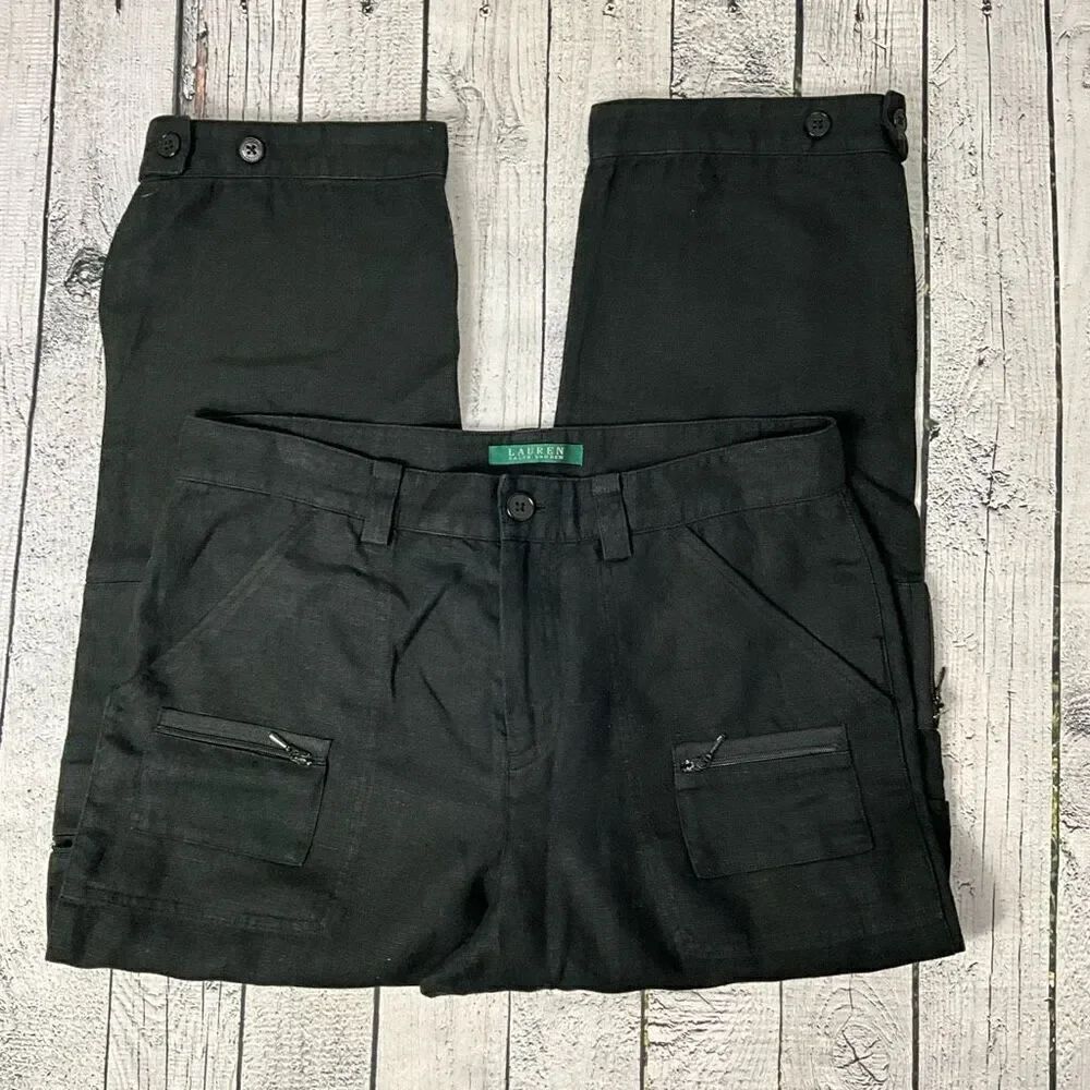 LAUREN RALPH LAUREN 100% Linen Black Crop Cargo Pants